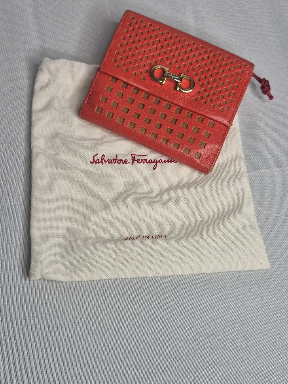 Salvatore Ferragamo Burnt Orange Perforated Leather Card Wallet with Gancio